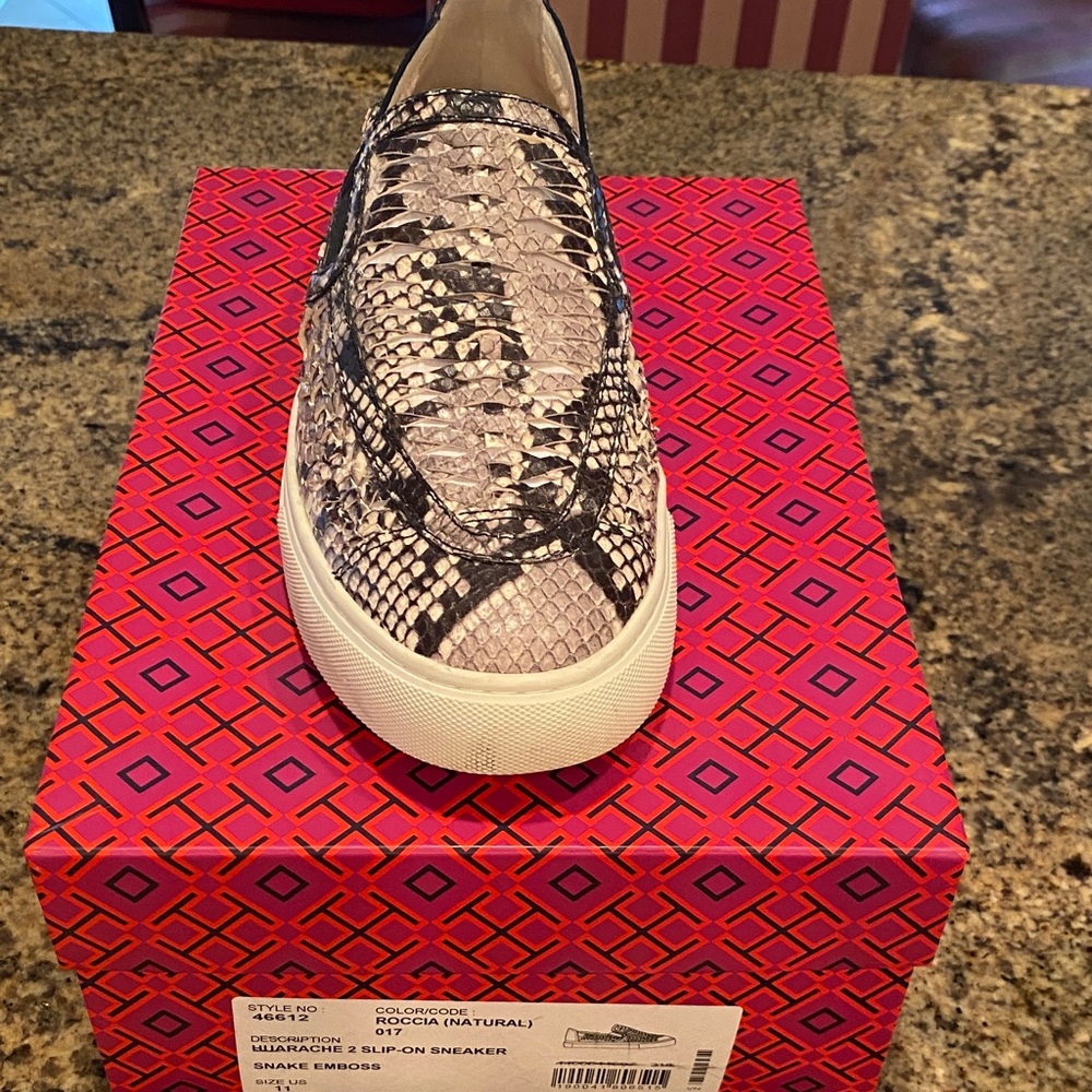 Tory Burch Black and Cream Snake Print Sneakers - Picture 2 of 7